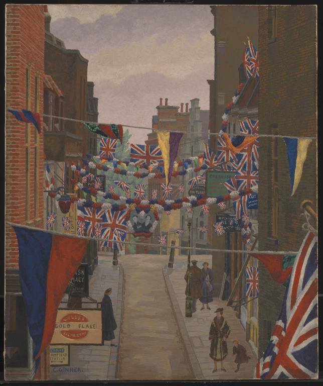 Charles Ginner, ‘Flask Walk, Hampstead, on Coronation Day’ 1937