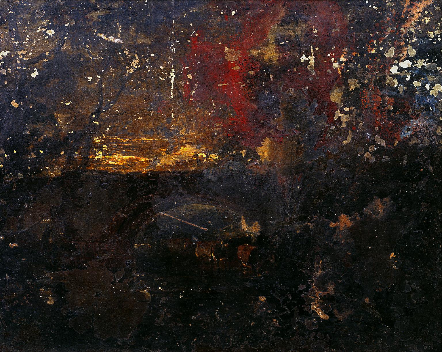 Cattle in a Stream under a Bridge