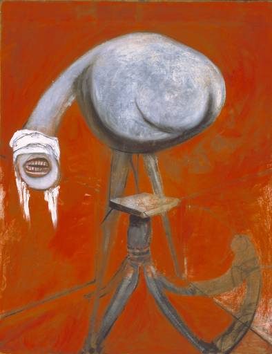 A swollen grey body on two thin legs stands over a wooden pedestal, its neck curving down to a head wrapped in white cloth with only a mouth of teeth showing, on an orange ground.