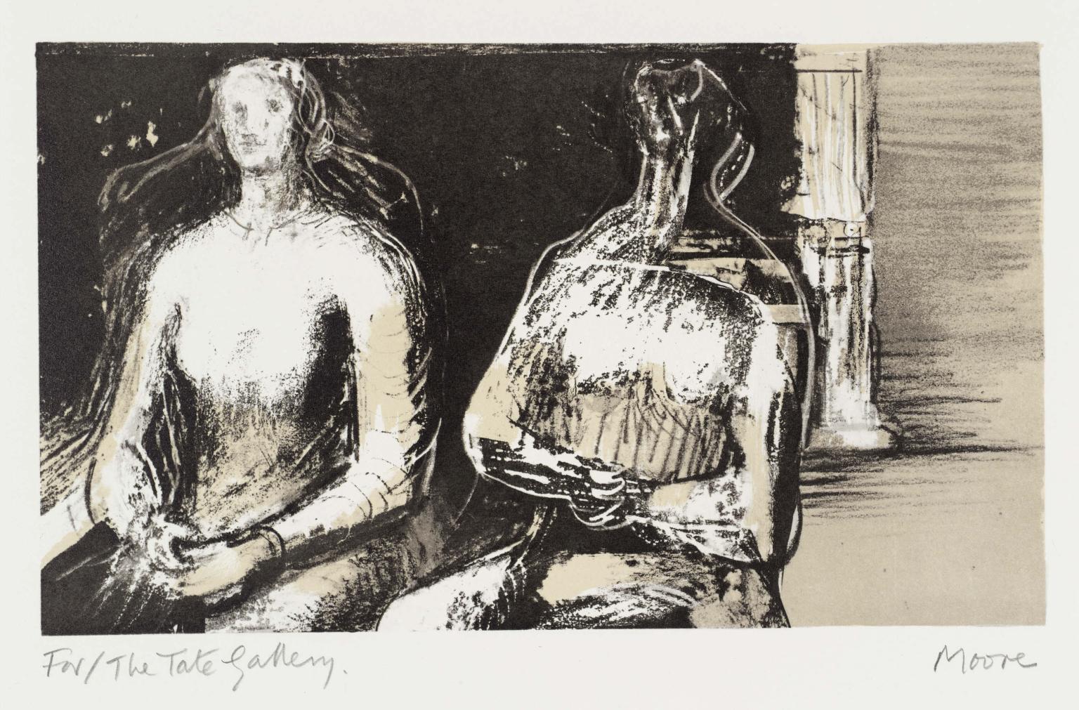 Two Seated Figures against Pillar