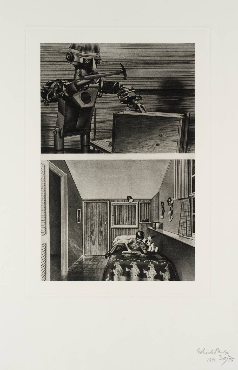 A. Top: Garco Robot Nailing a Wooden Box. Bottom: Little Boy on his Bed in his Room