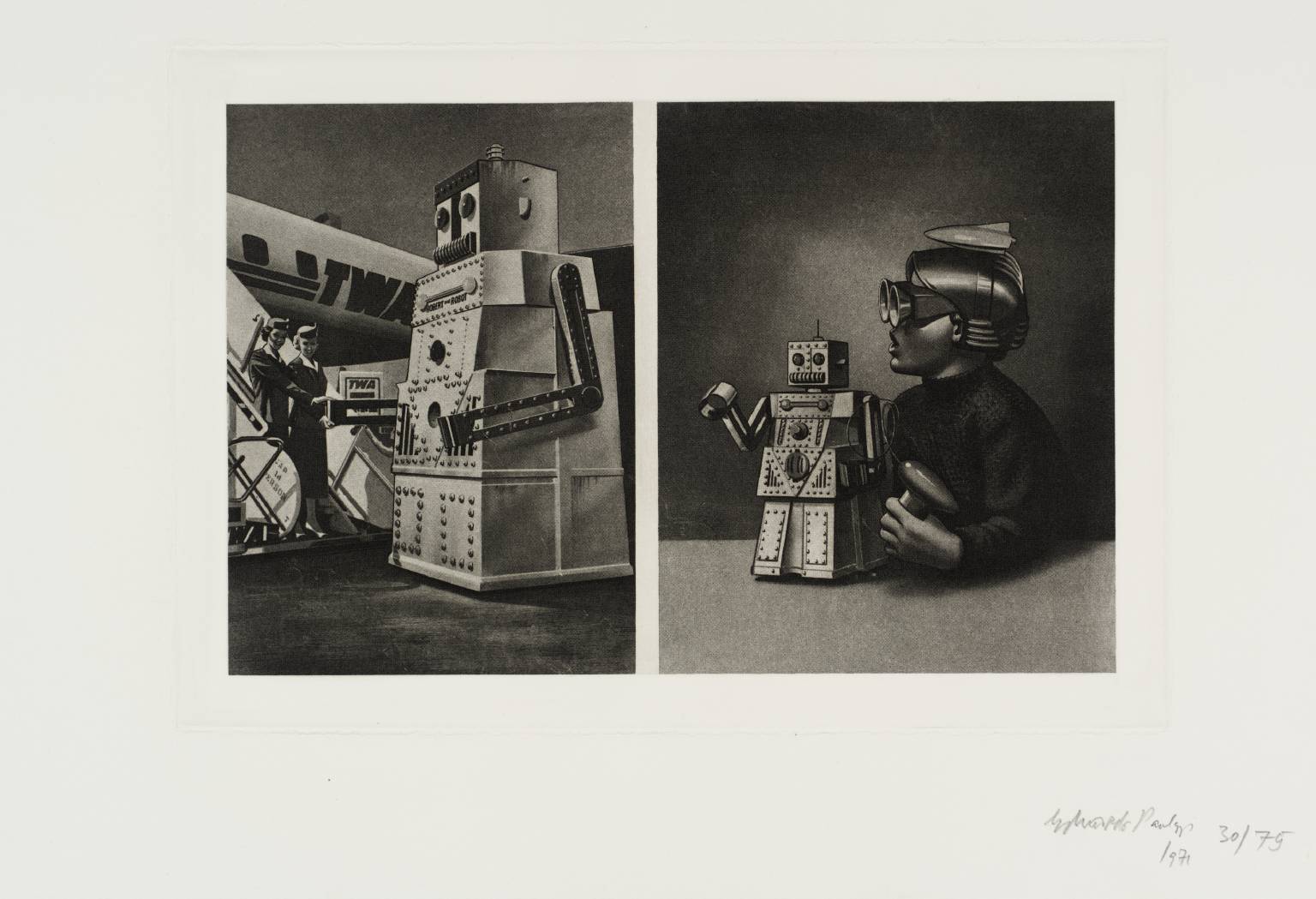 C. Left: Le Robot ‘Robert’ Voulait Aller à New York Mais le Passager est Trop Lourd: TWA Plane - Steps - Cap 14 Persons with Two Stewardesses. Right: Wonder Toy, Robert the Robot