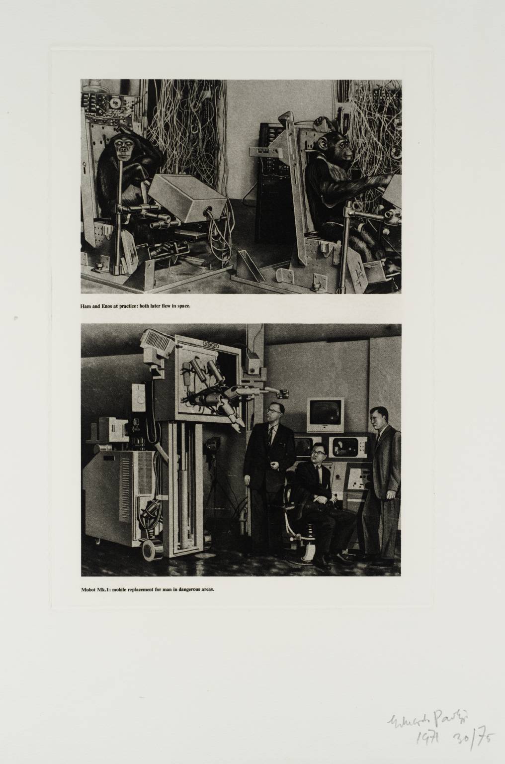 F. Top: Chimpanzee in a Test Box Designed for Space Flight. Bottom: Mobot Mark I