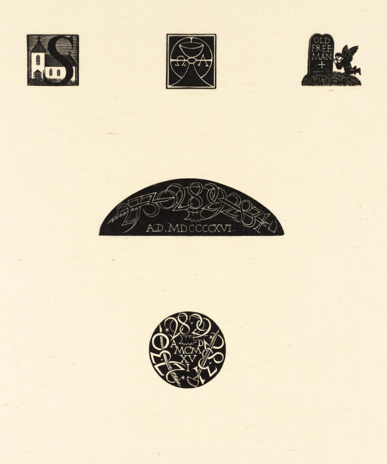 Initial S with Church, Chalice & Host with Û & A, Gravestone with Angel, Semi-Circular Device, and Circular Device