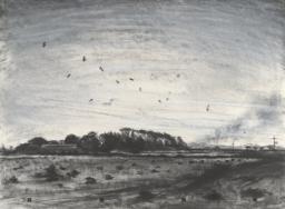 ‘Muckspreading again ...’ (Looking West - Evening. Fields and Farm in a Spinney - from South of Walcott near Happisburgh - towards Riddlington, Norfolk), 25 September 1983