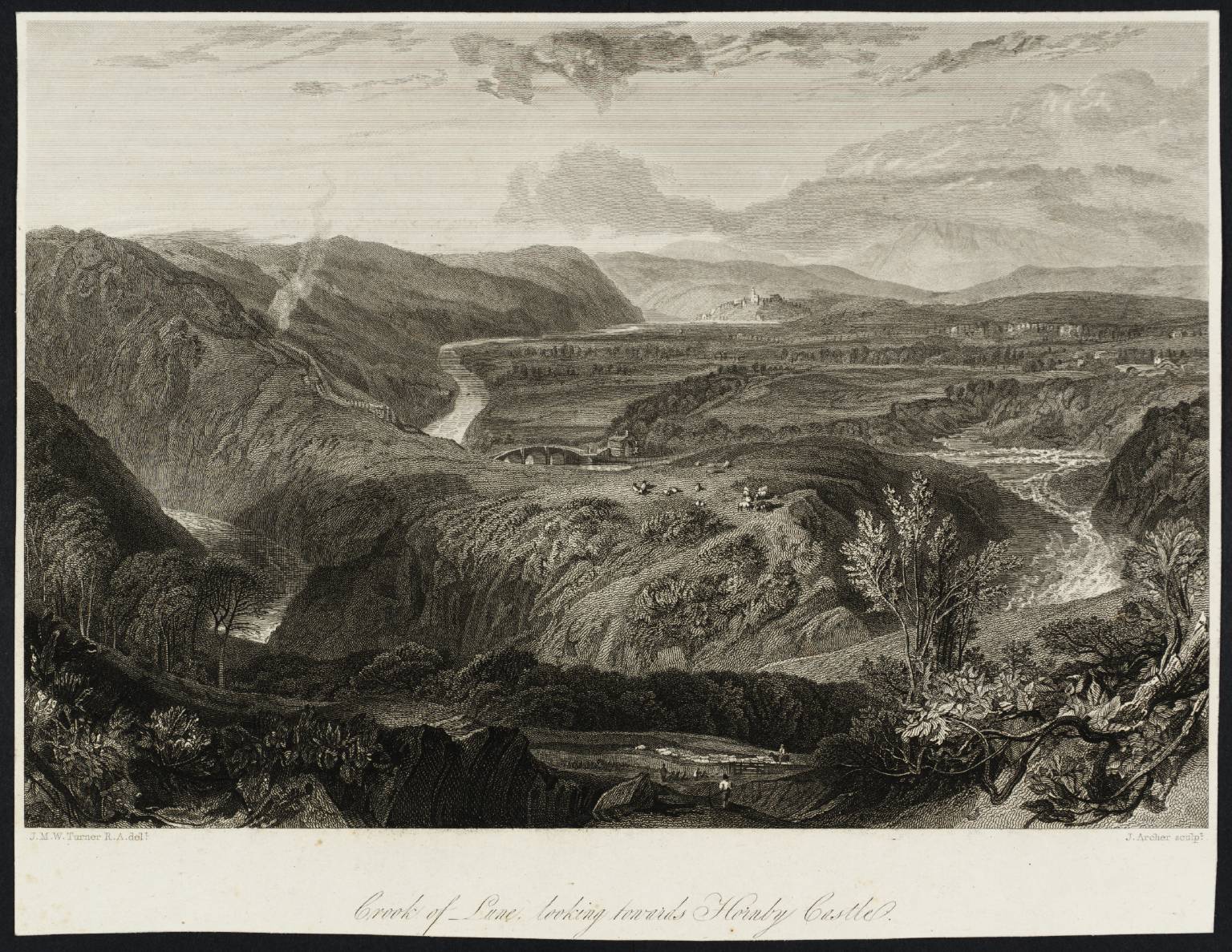 Crook of Lune, Looking towards Hornby Castle, engraved by J. Archer