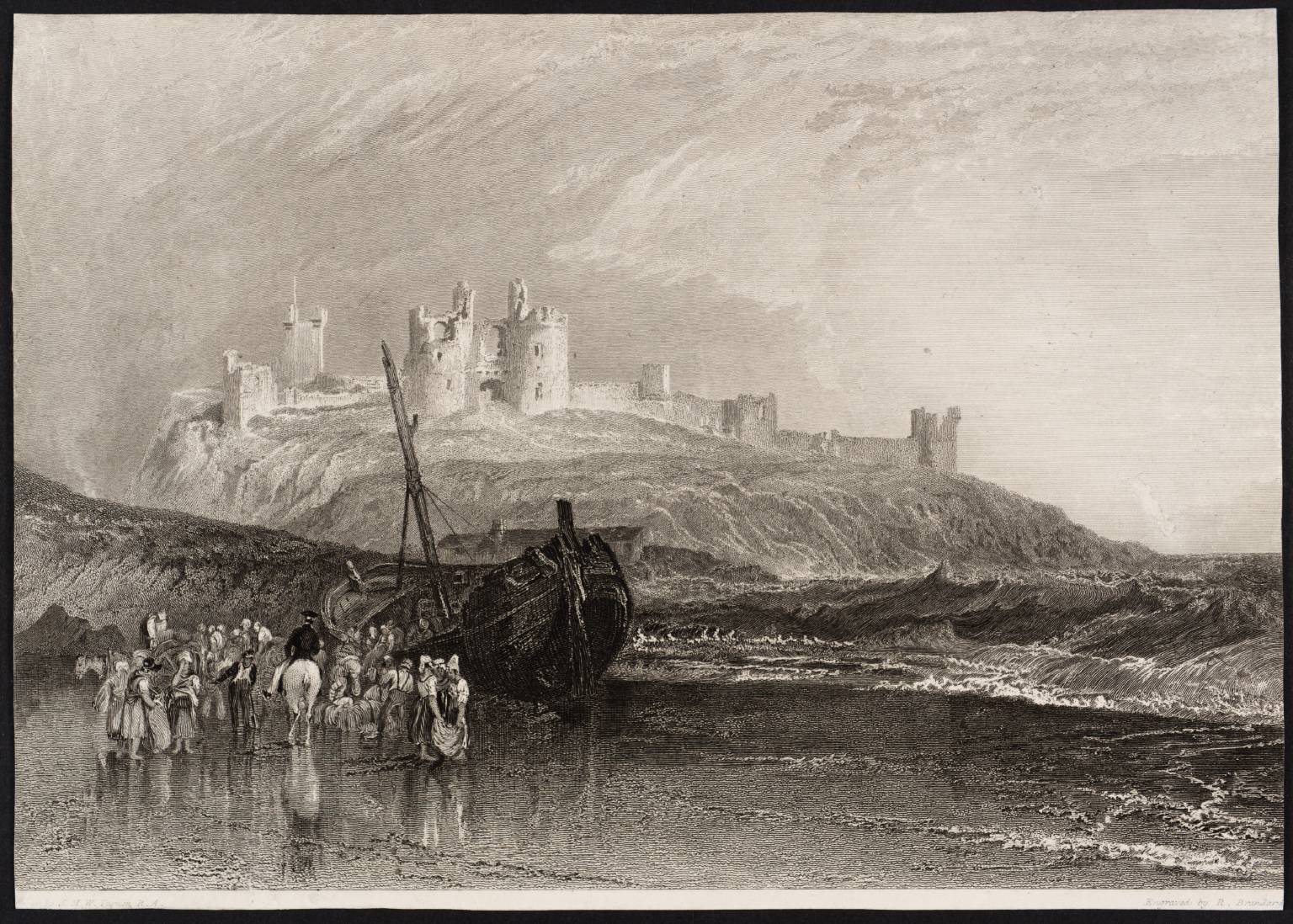 Dunstanborough Castle, Northumberland, engraved by R. Brandard