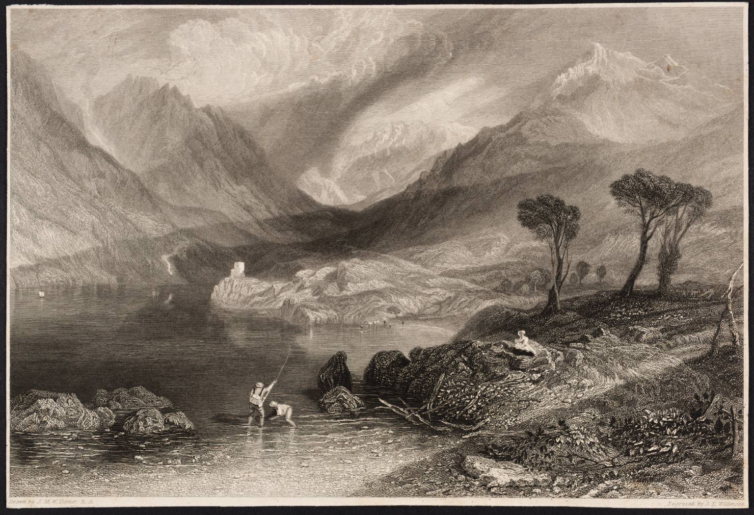 Llandberis Lake, Wales, engraved by Willmore