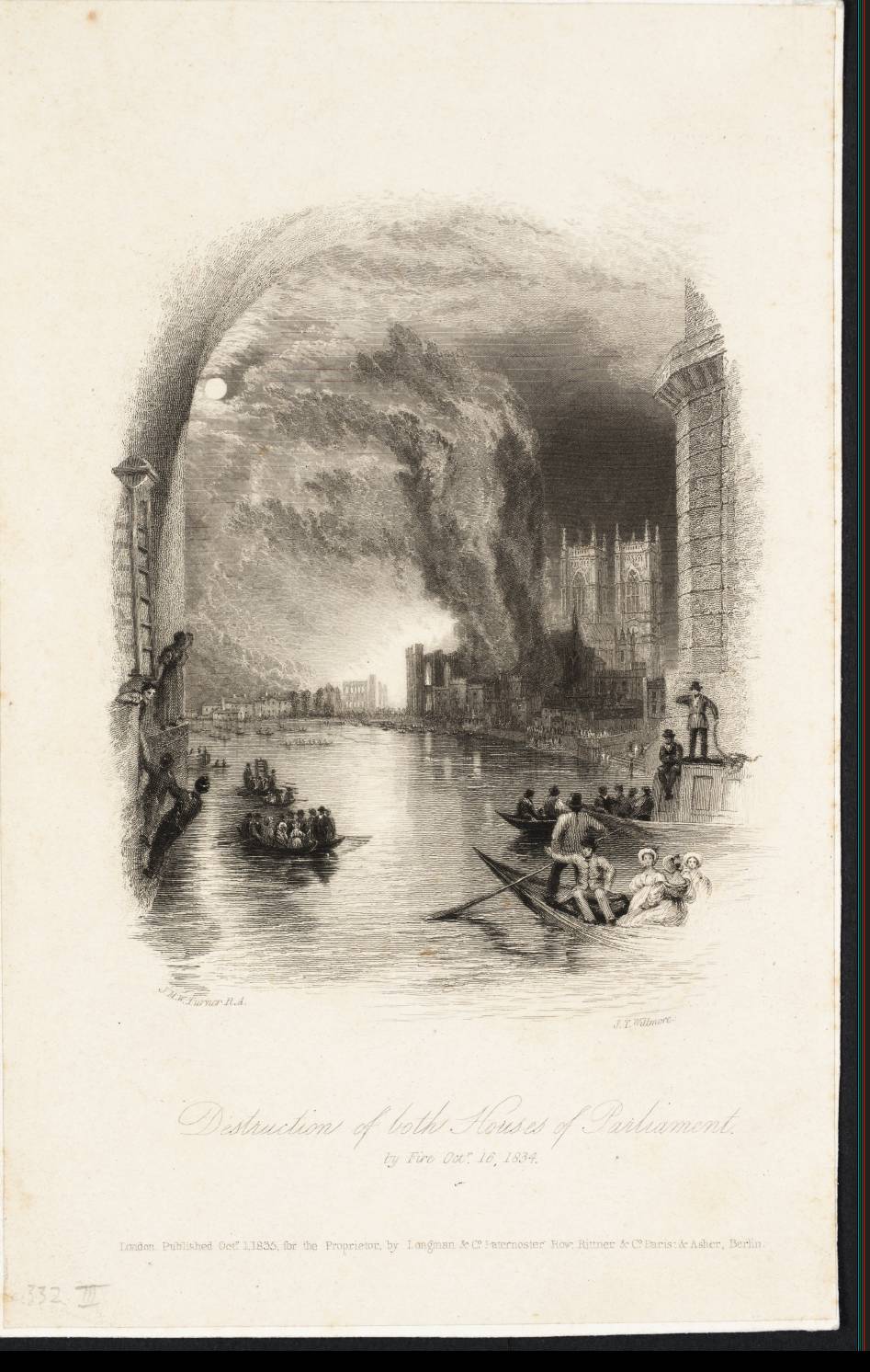 Destruction of Both Houses of Parliament by Fire Oct. 16, 1834, engraved by Willmore