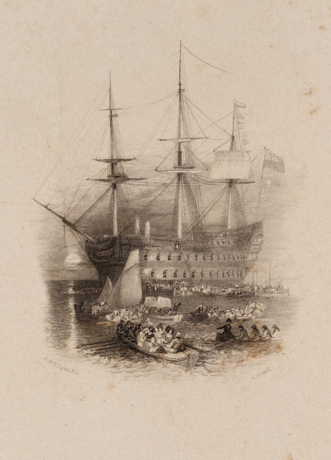 The Bellerophon, Plymouth Sound (Vignette), engraved by E. Goodall