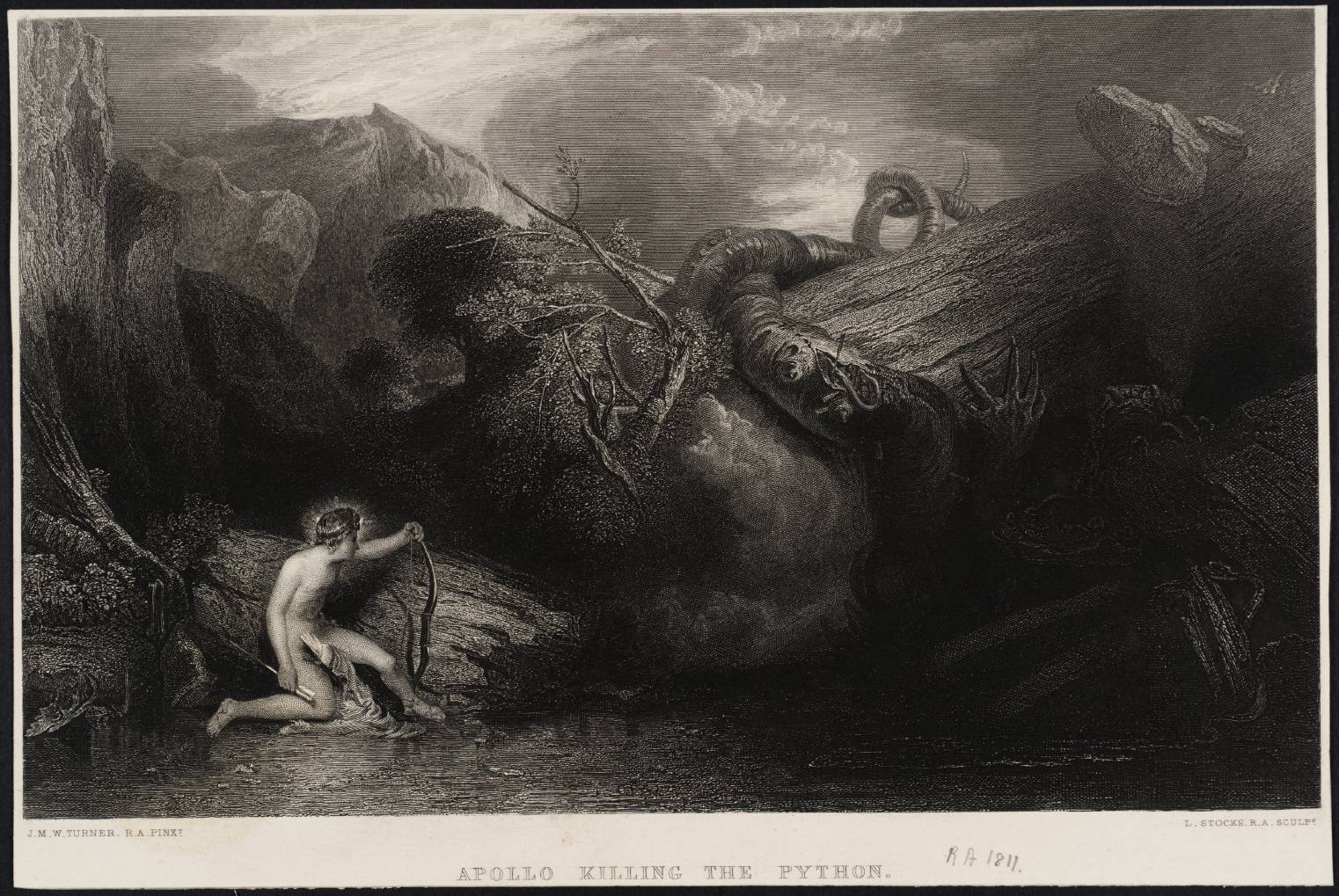 Apollo killing the Python, engraved by L. Stocks