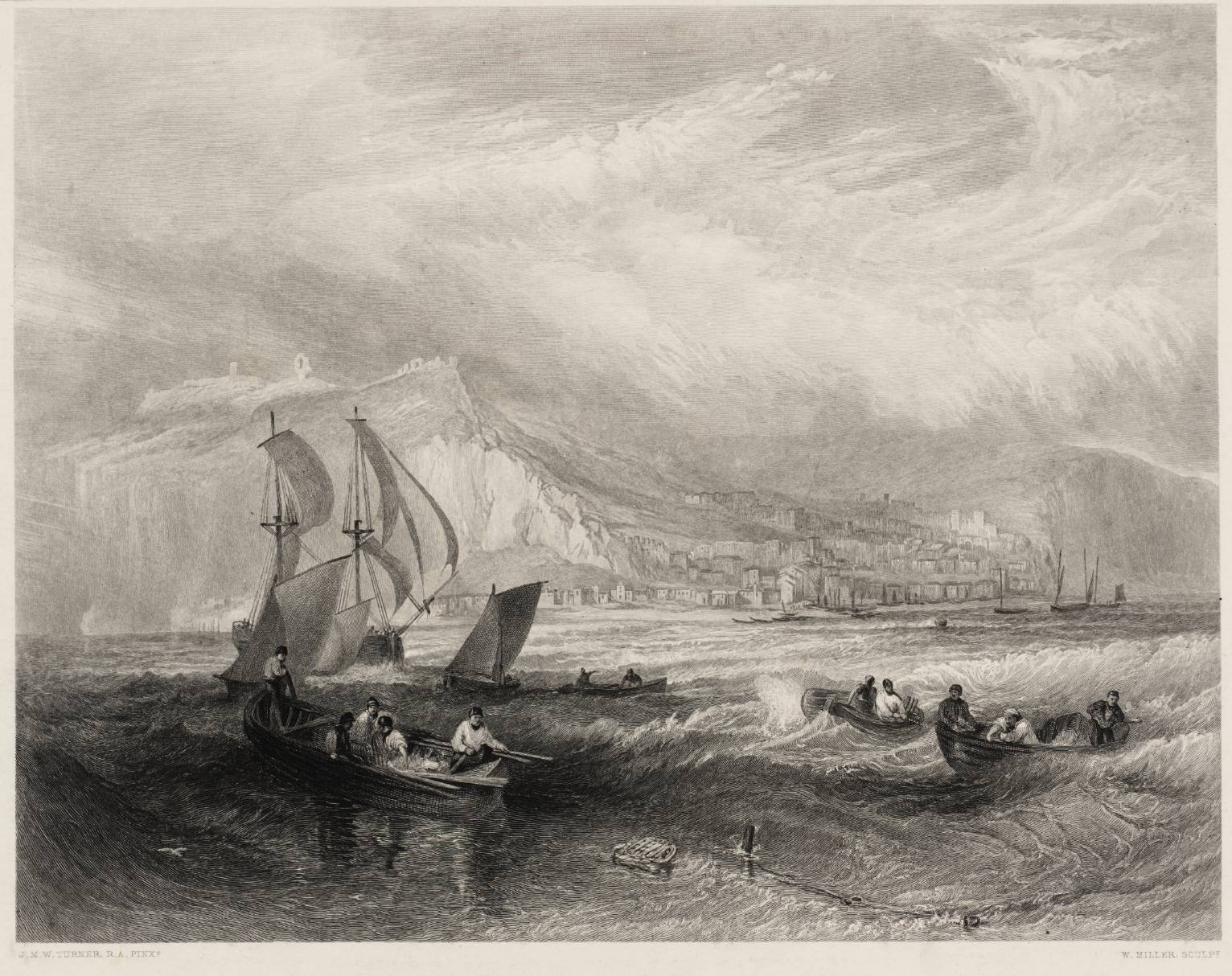 Line-Fishing off Hastings, engraved by W. Miller