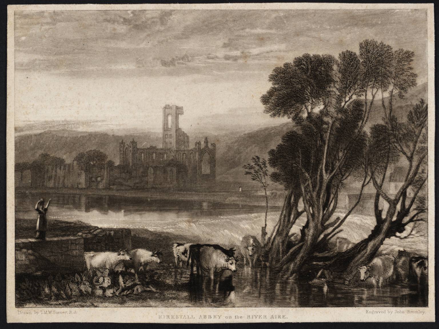 Kirkstall Abbey on the River Aire, engraved by J. Bromley