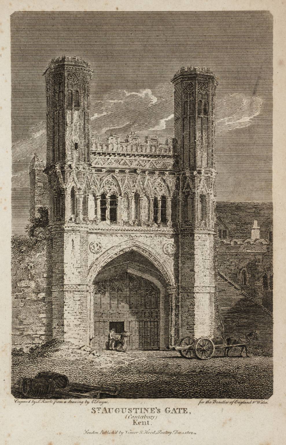 St Augustine's Gate, Canterbury, Kent, engraved by J. Rawle
