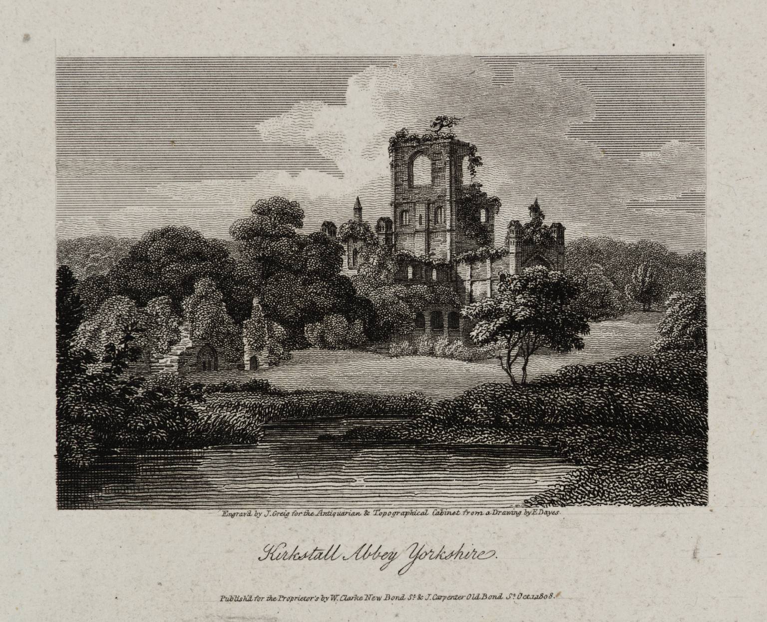 Kirkstall Abbey, Yorkshire, engraved by J. Greig