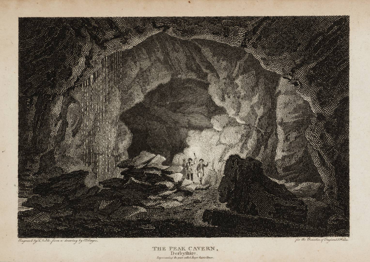 The Peak Cavern, Derbyshire: Roger Rain’s House, engraved by J. Noble