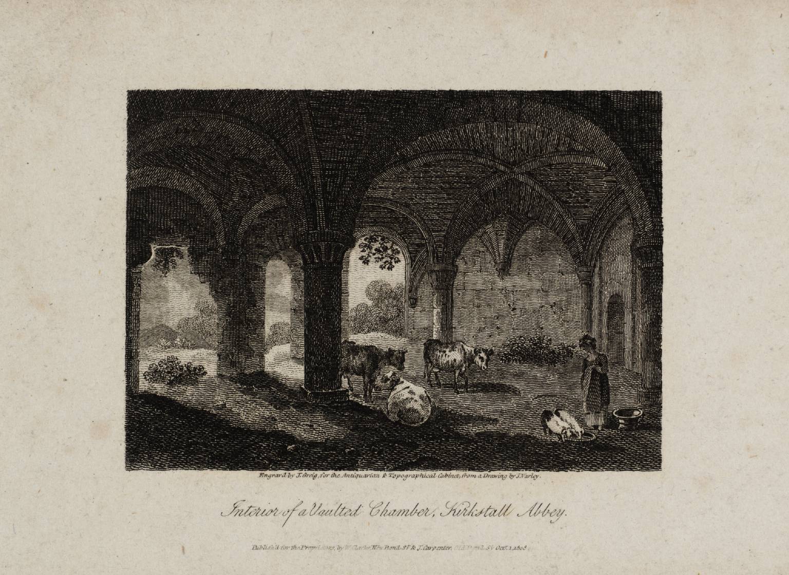 Interior of a Vaulted Chamber, Kirkstall Abbey, engraved by J. Greig