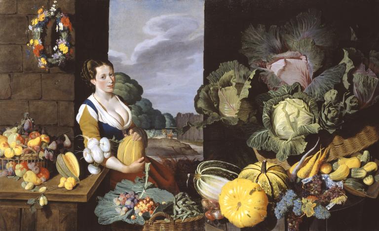 Cookmaid with Still Life of Vegetables and Fruit, Sir Nathaniel Bacon, c.1620–5 Tate picture