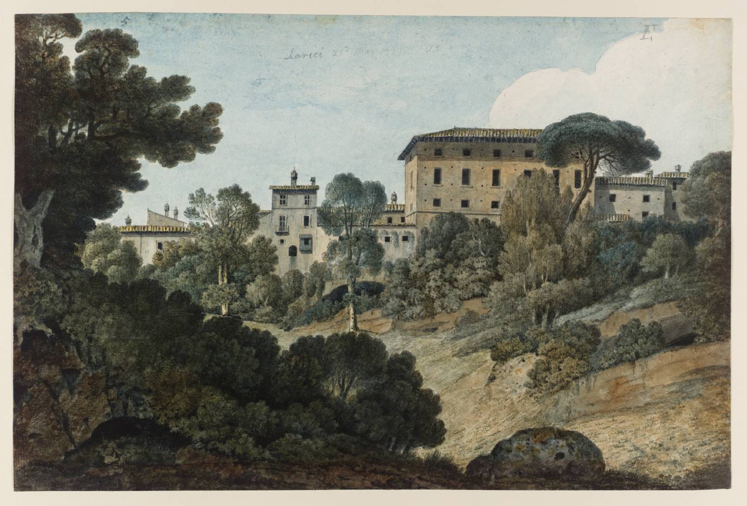 T08141: Ariccia, Buildings on the Edge of the Town. Verso: Relative Positions of the Benedictine Convent of the Madona of the Galoro near Larici and the Gardens of the Convent of the Capuchins at Albano as Well as the Dome of the Church at L’Arriccia