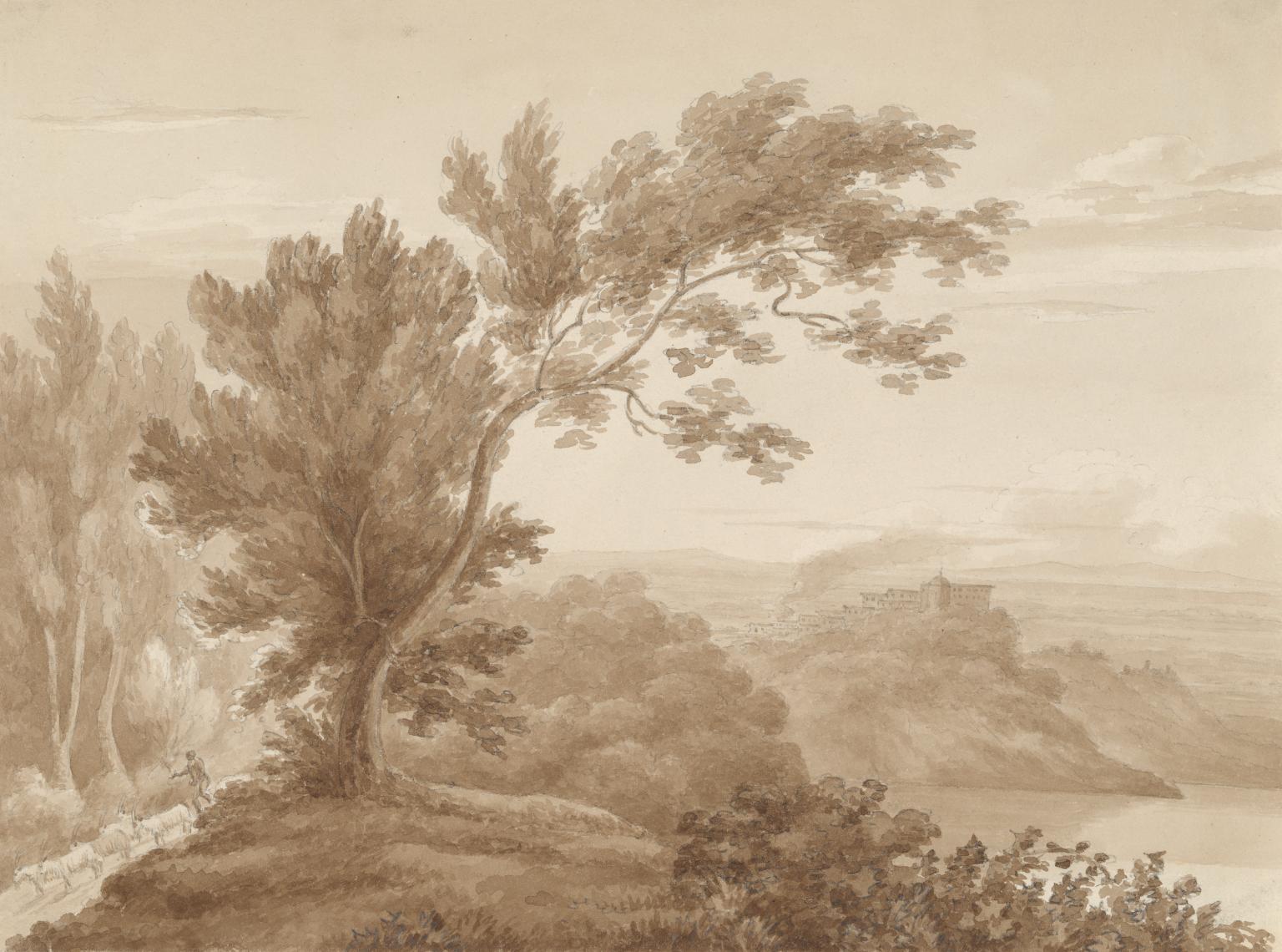 Lake Albano with the Goatherd. Verso: Study of Trees