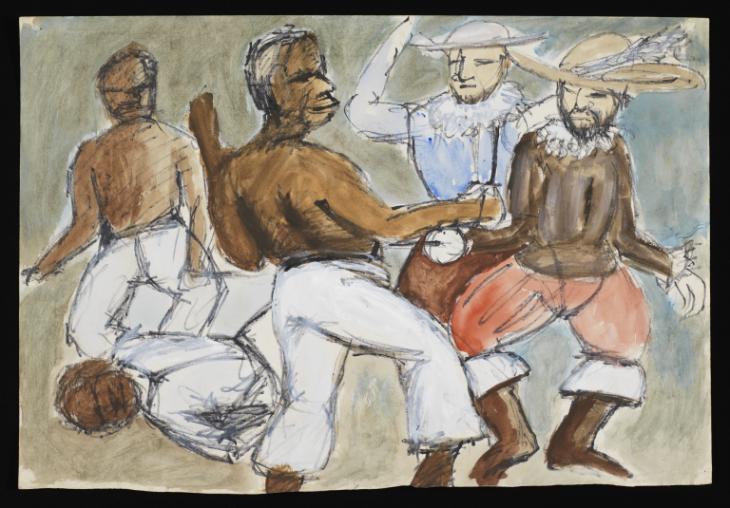 Painting of a white man stabbing a black man in the stomach with a