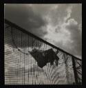 Prunella Clough, ‘Black and white photograph of a piece of cloth caught on barbed wire on top of a mesh fence’ [1980]