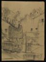 Felicia Browne, ‘Sketch of a townscape with trams in the foreground and hills in background’ [c.May 1929]