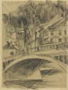 Felicia Browne, ‘Sketch of a bridge over a river in Prague with houses and a bell tower in the background’ [c.1935]