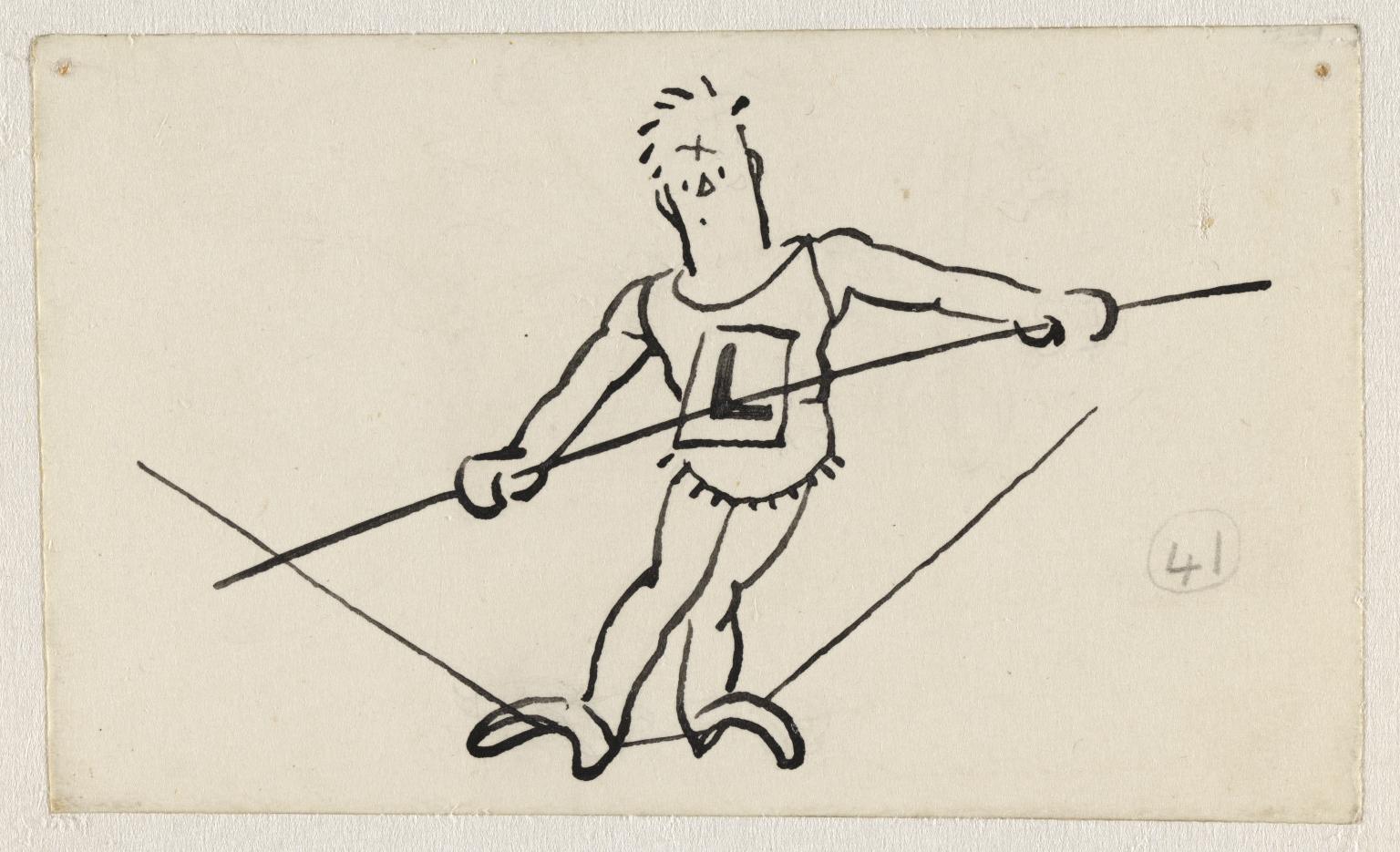 Drawing of a tight-rope walker with 'L' plate', Fougasse, [c.1935]',  Fougasse, [c.1935] – Tate Archive