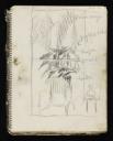 Graham Sutherland OM, ‘Sketch of a tall window at the Villa Blanche viewed from inside, with a chair in front of it, a small sculpture or vase on a stand to the right, and datura flowers outside’ [c.1957–9]