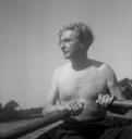Eileen Agar, ‘Photograph of Joseph Bard rowing a boat topless’ [1950s]