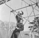 Nigel Henderson, ‘Photograph of Eduardo Paolozzi and unidentified man possibly Canadian architect, Irving Grossman on scaffolding’ [c.1950s]