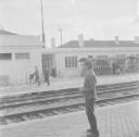 Nigel Henderson, ‘Photograph of an unidentified man standing next to railway tracks’ [c.1951–2]