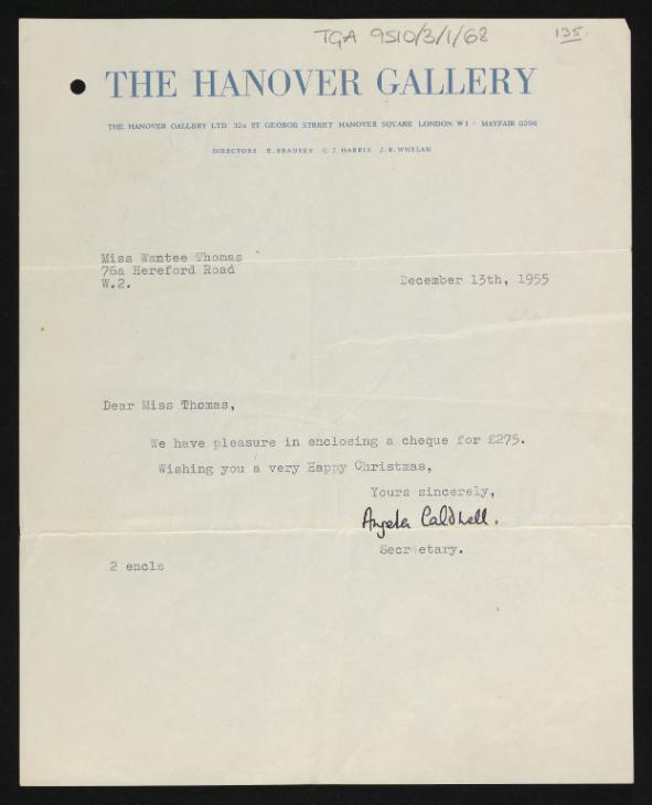 Letter from The Hanover Gallery to Edith Thomas ('Wantee') sent ...