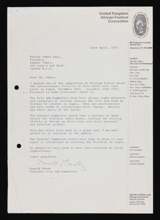 ‘Letter from Ronald Moody to Philip Oakes, features editor for the ...