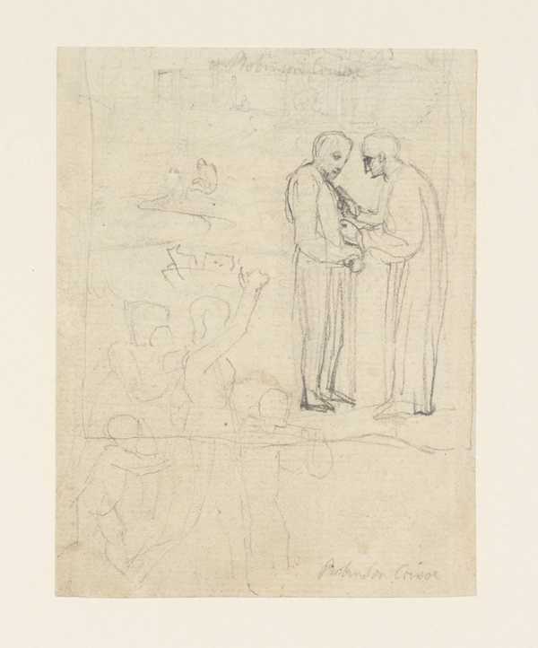 Sketch for ‘Robinson Crusoe’: Two Men Conversing, and Other Figures. Verso: Sketches of a Woman and Child