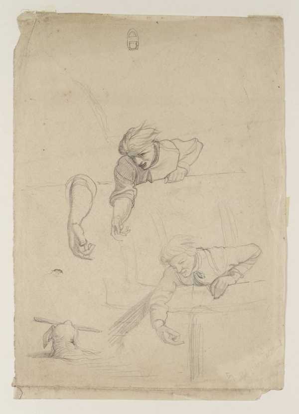 Studies of a Man Leaning over a Balustrade; the Head of a Dog Carrying a Stick. Verso: Sketch