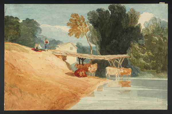 Cows at a Pool, with Wooden Bridge