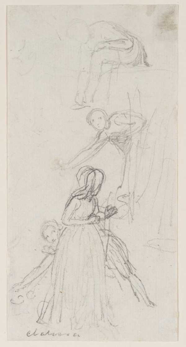 Illustration to ‘Clarissa’: Three Sketches, Standing and Stooping Figures. Verso: Sketches