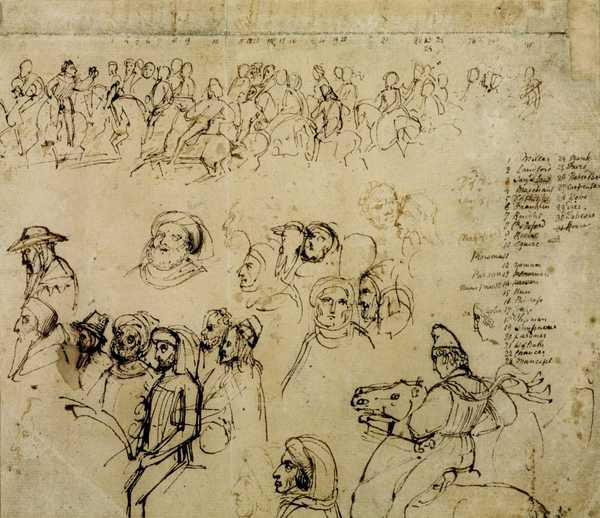 Sketch for ‘The Pilgrimage to Canterbury’, with a compositional sketch, a key to the figures, and studies of heads and figures