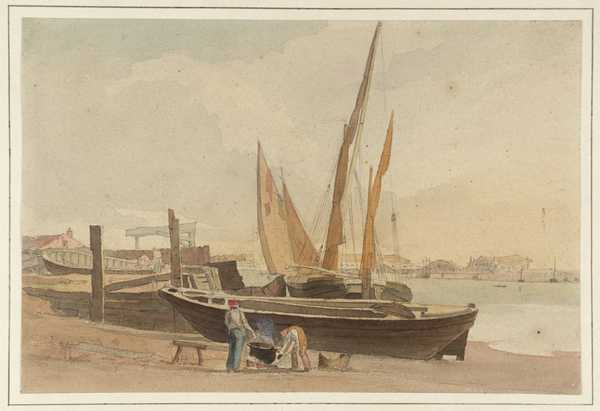 A Quayside, Barges Being Tarred