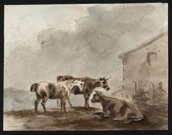 A Horse and Two Cows near a Farm Building