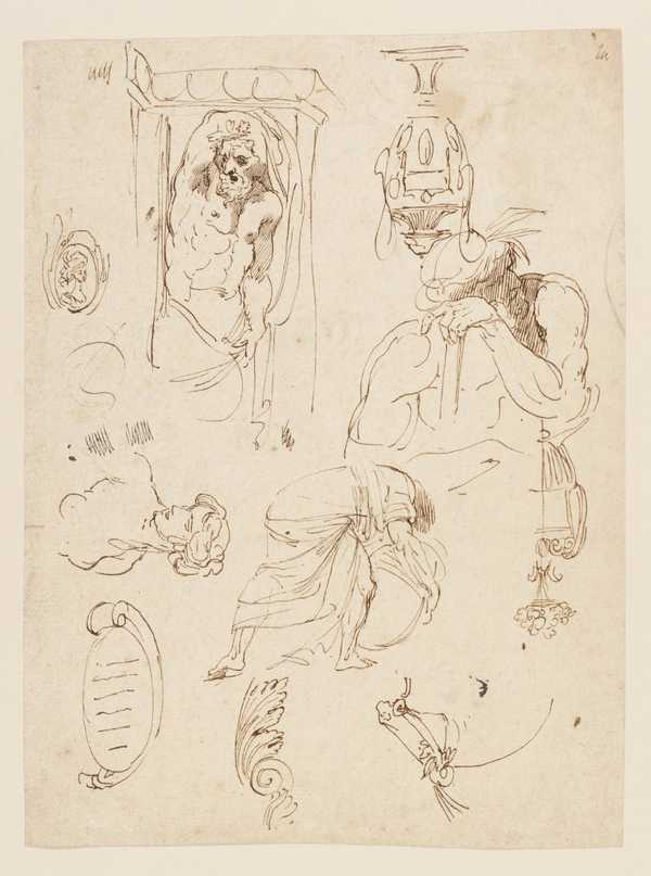 Sheet of Studies; a Male Caryatid, an Urn, Acanthus Scrolls Etc. Verso: Sketches