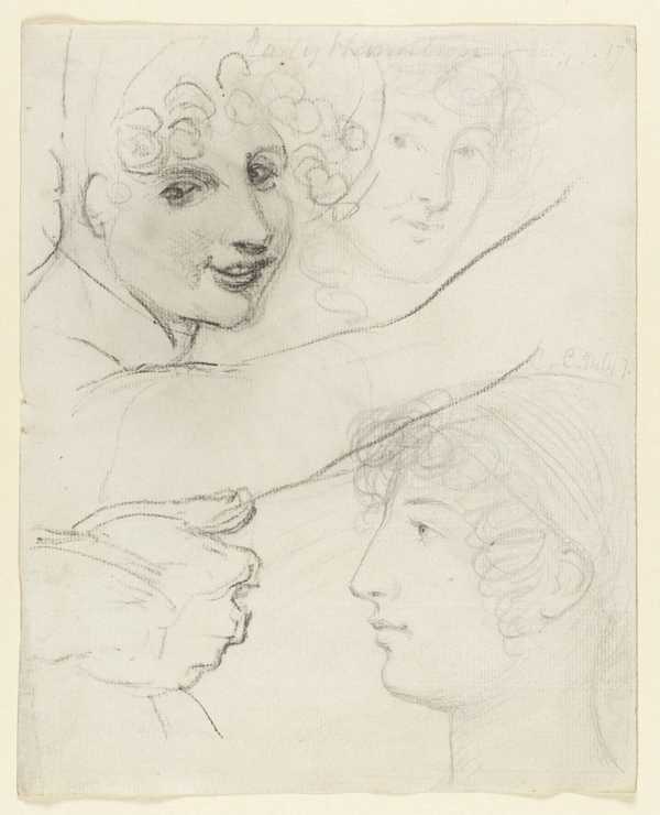 Sheet of Studies: Three Female Heads, an Arm and a Hand. Verso: Heroic Male Nude and a Face in Profile