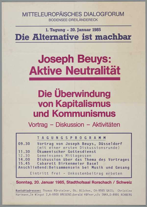 Joseph Beuys: Aktive Neutralität. Vortrag - Diskussion - Aktivitäten. Stadthofsaal Rorschach