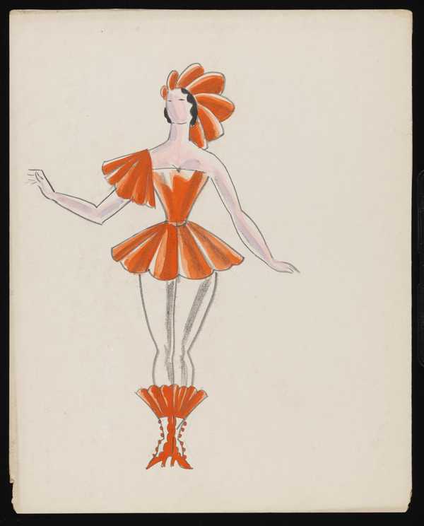 Untitled Costume Design Showing A Woman Wearing A Short Red Dress And White Tights With Matching