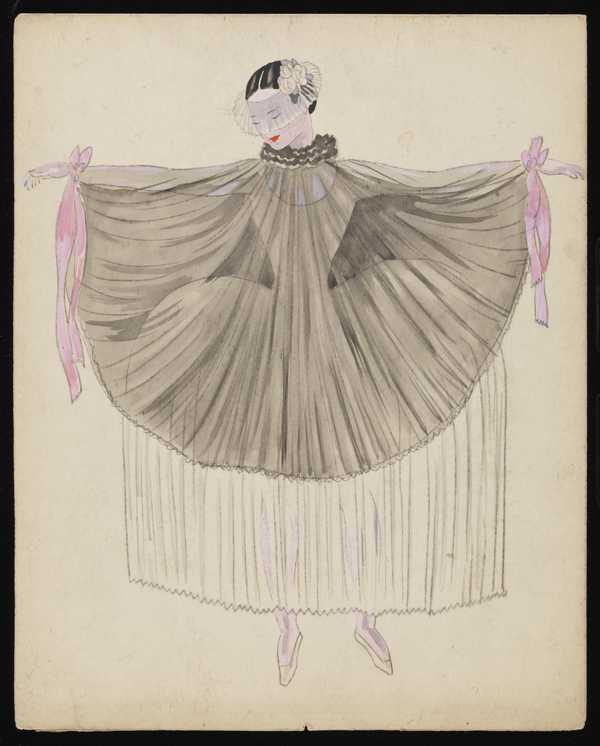 Untitled Costume Design Showing A Female Figure Wearing A Pink Dress Decorated With Ruffles And