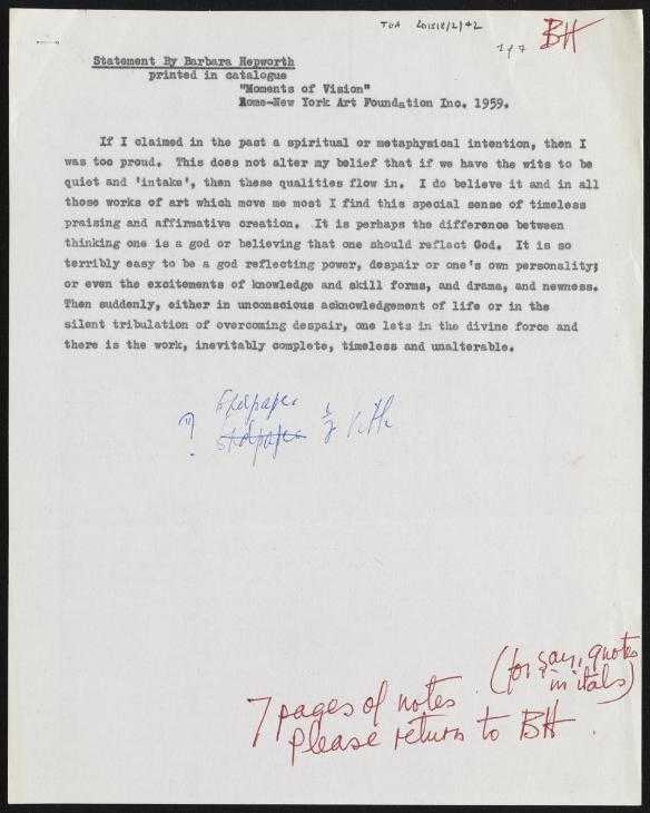 Statements by Barbara Hepworth‘, Dame Barbara Hepworth, 195962 ‘, Dame