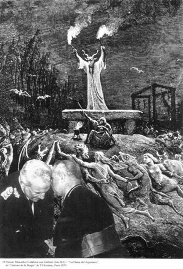 Nuncio Monsignor Calabresi with Galtieri (Photo: NA) + ‘The Lady of the Witches’ Sabbath’ from ‘Histoire de la Magie’ by P. Christian, Paris 1870