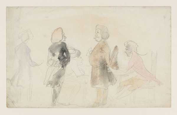 Scene in a Coffee House. Caricature. Verso: Drawings